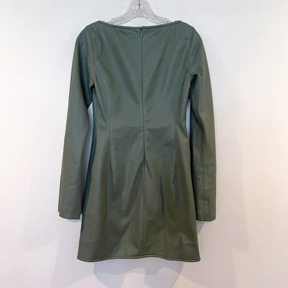 Alexis Vanna Faux Leather Sage Green Square Neck Long Bell Sleeve Mini Dress - Picture 8 of 8